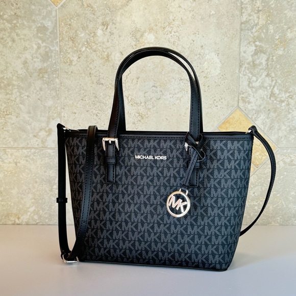 Michael Kors Jet Set Travel XS Tote Shoulder Bag MK Black/Silver - Picture 3 of 12